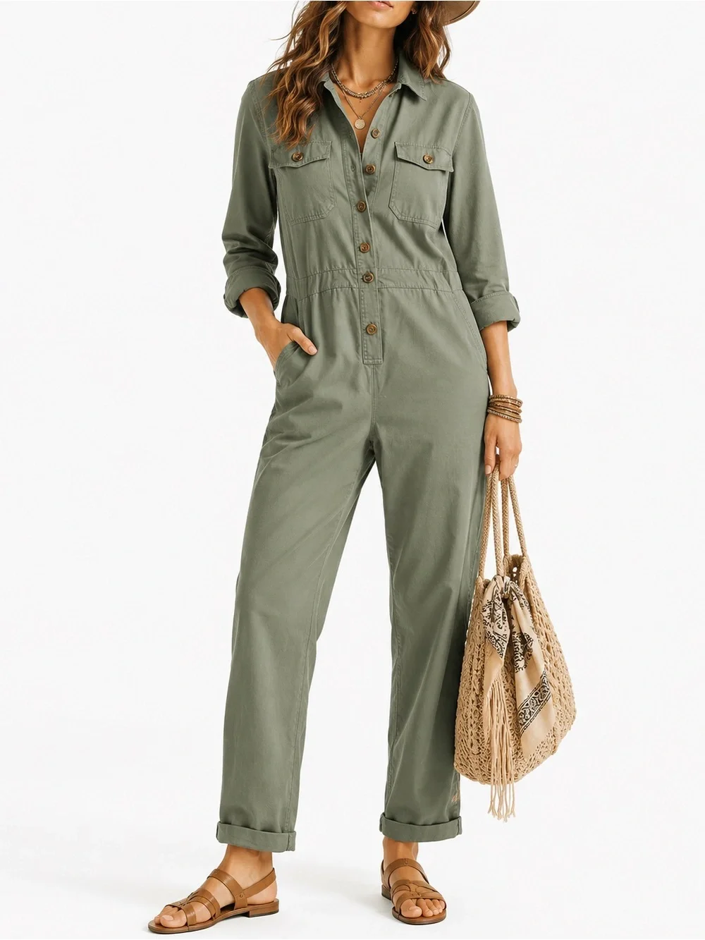 J. Crew Olive Green Button Down Front 100% Cotton Utility Jumpsuit Size 12